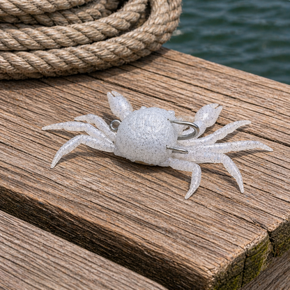 Backwater Crab Oyster White soft plastic lure on dock with rope and water background for sheepshead fishing around structure