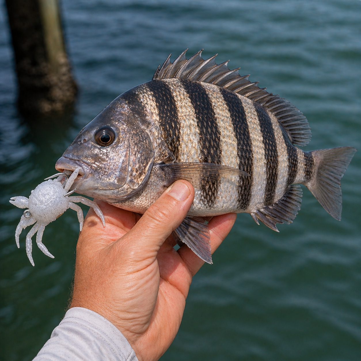 Sheepshead caught using Backwater Crab Oyster White soft plastic lure near dock pilings inshore fishing