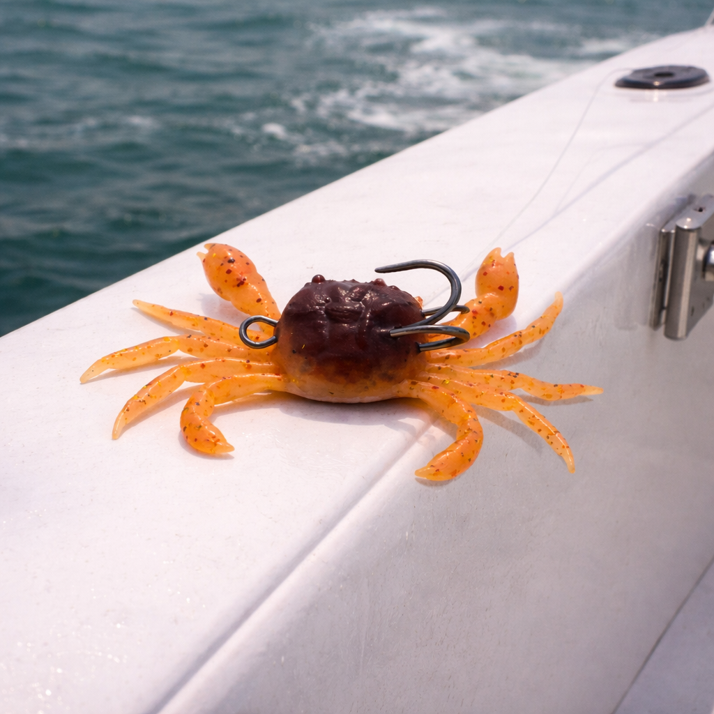 sunset 4 inch soft plastic crab lure on boat gunwale with ocean water background