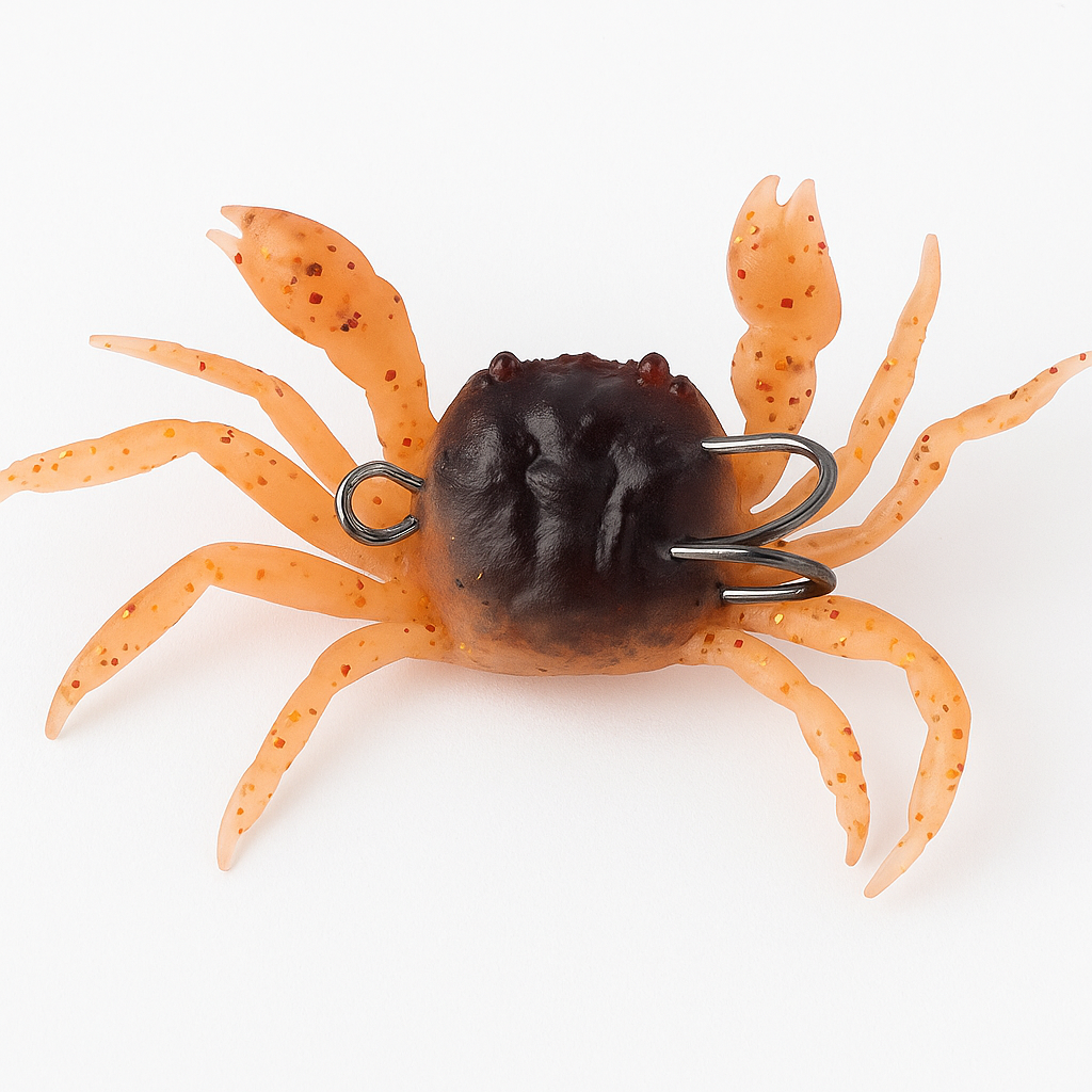 Backwater Crab 4-inch 19g soft crab lure Sunset Crab color with orange-tan body, red-gold glitter, and raised claws on white background for saltwater fishing