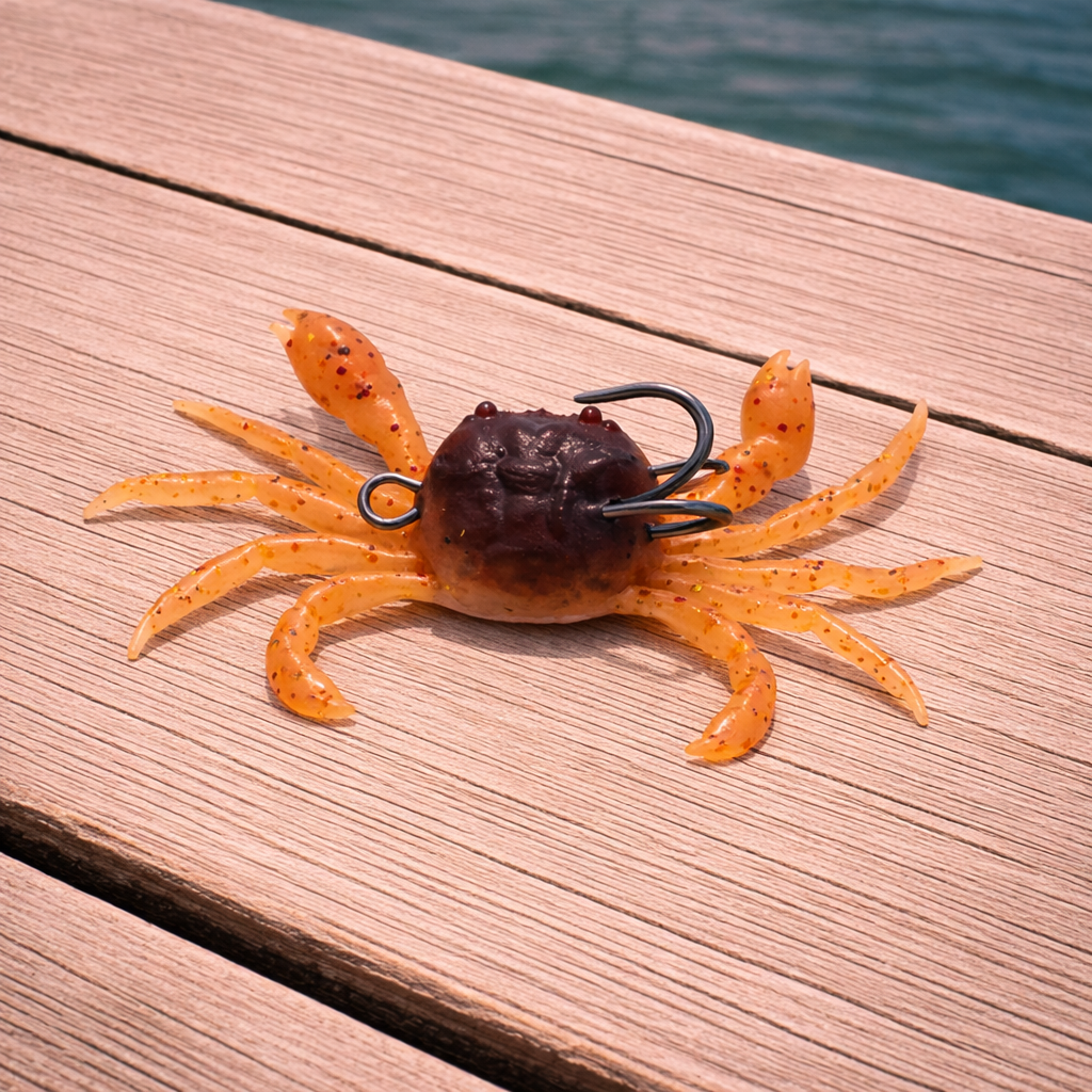 sunset 4 inch soft plastic crab lure on wooden dock near water