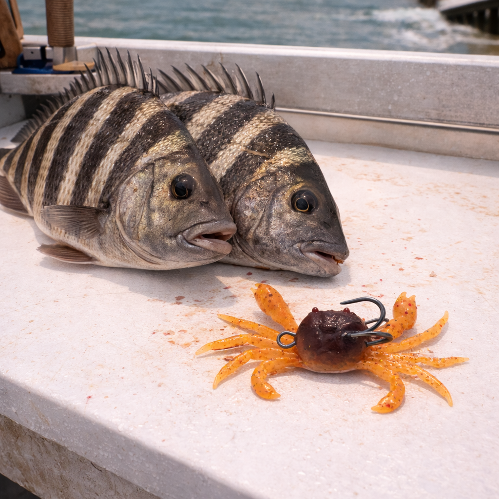 two sheepshead fish on cleaning station next to sunset soft plastic crab fishing lure