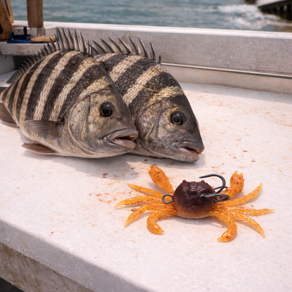 two sheepshead fish on cleaning station next to sunset soft plastic crab fishing lure