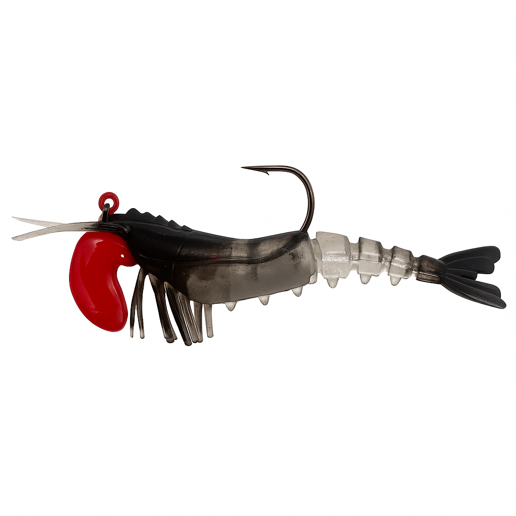 Backwater Shrimp Black Ice 3.5 inch soft plastic shrimp lure with red claw and smoky translucent body for saltwater fishing