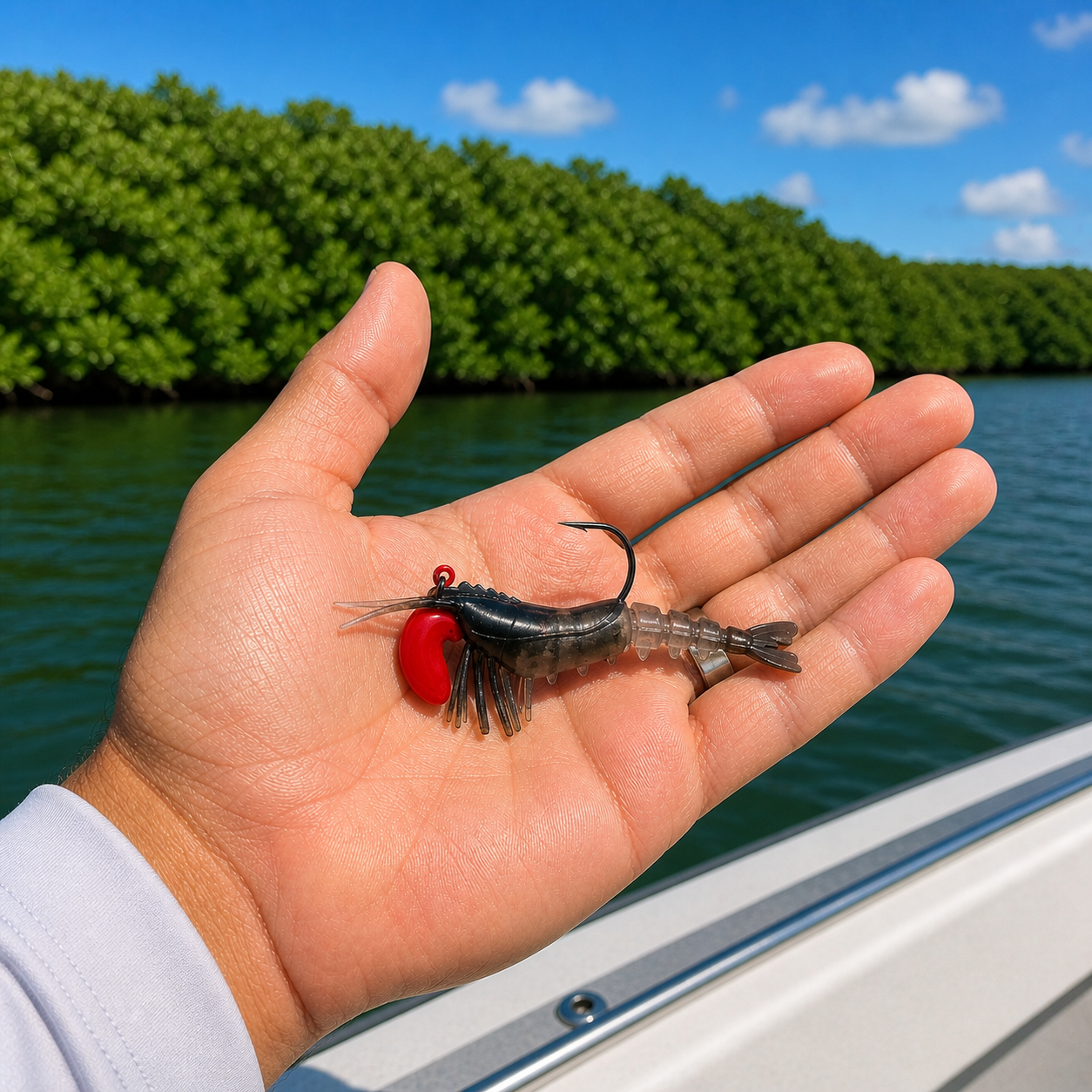 Backwater Shrimp Black Ice soft plastic fishing lure in hand on boat with mangrove shoreline