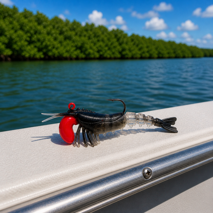 Backwater Shrimp Black Ice soft plastic fishing lure on boat gunwale with mangrove shoreline in background