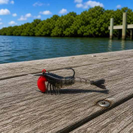 Backwater Shrimp Black Ice soft plastic fishing lure on wooden dock near water
