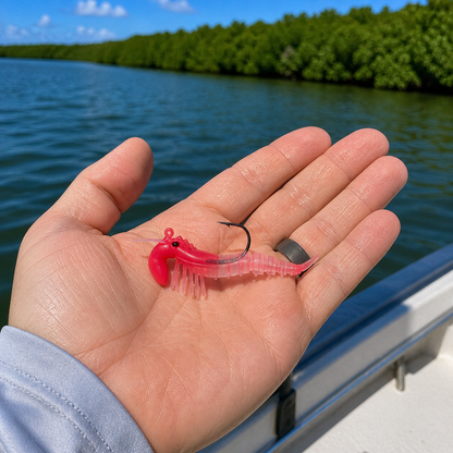 Backwater Shrimp Clear Pink Glow soft plastic fishing lure in hand on boat with mangrove shoreline