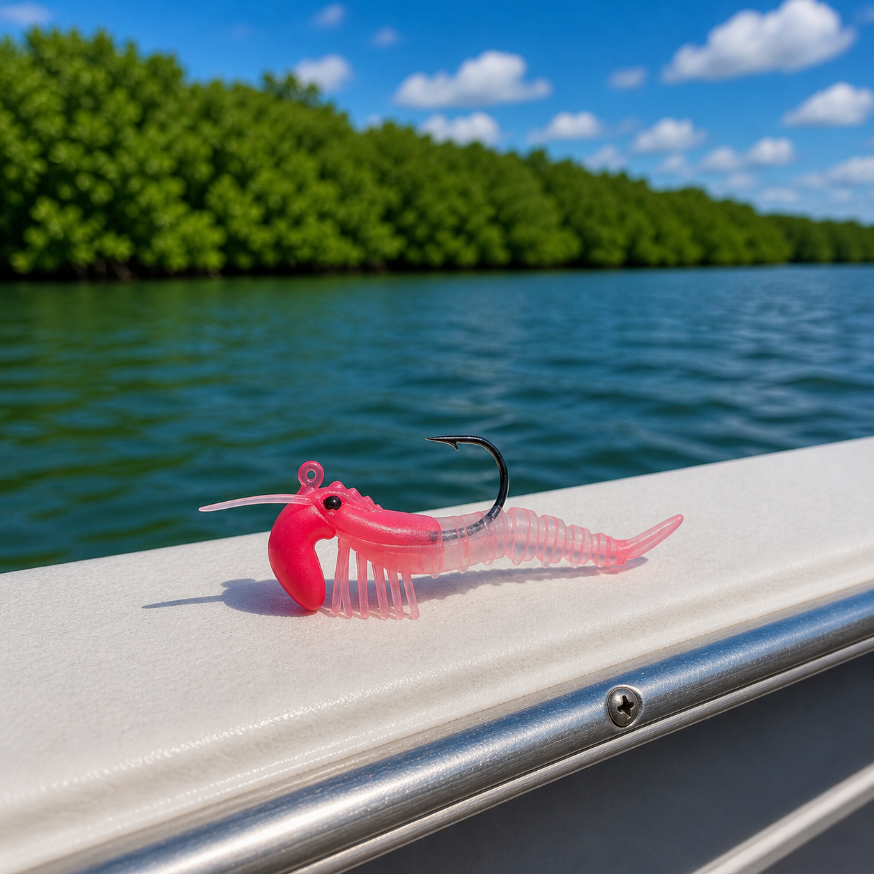 Backwater Shrimp Clear Pink Glow soft plastic fishing lure on boat gunwale with mangrove shoreline in background