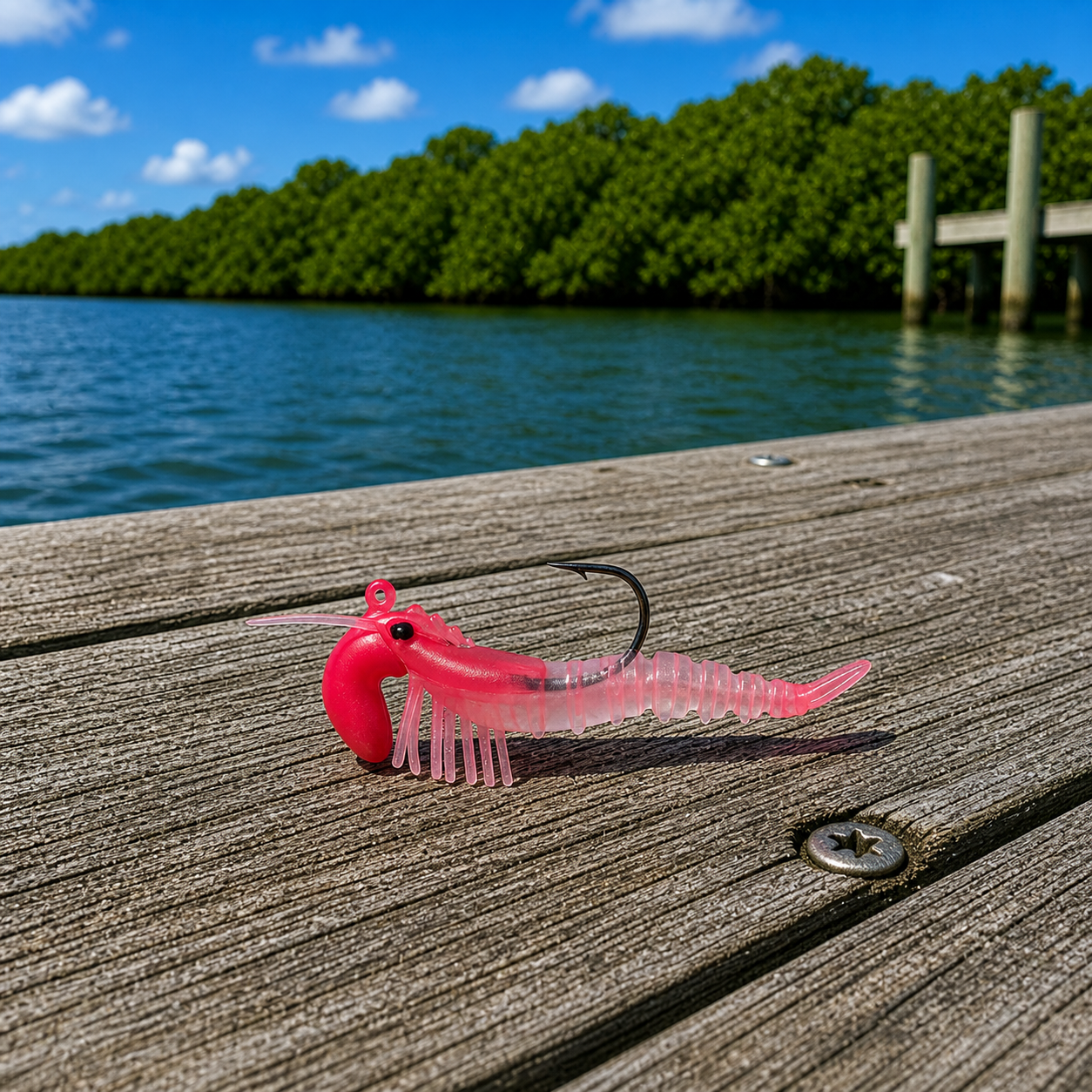 Backwater Shrimp Clear Pink Glow soft plastic fishing lure on wooden dock near water