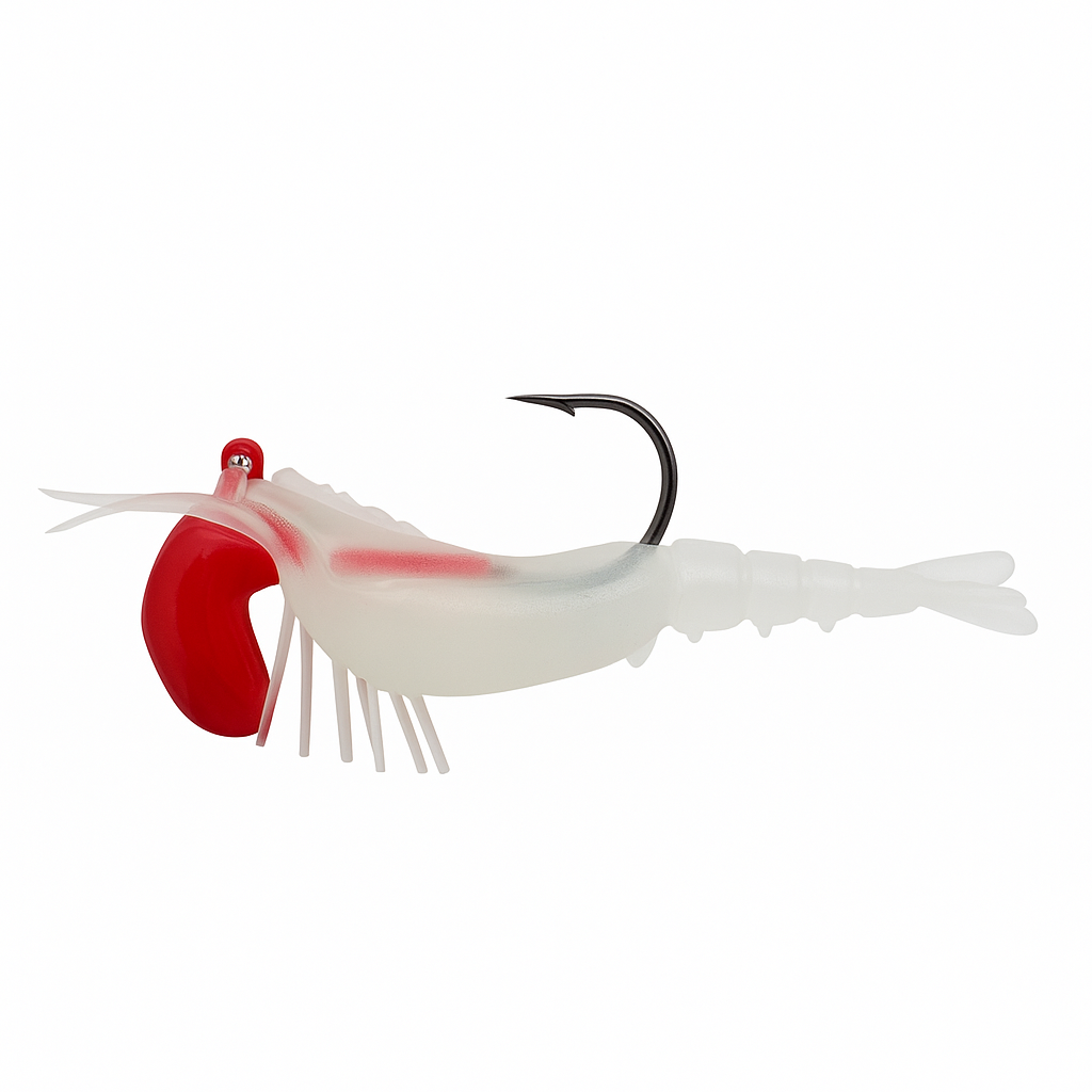 Backwater Shrimp Ghost White 3.5 inch soft plastic shrimp lure with red claw and translucent white body for saltwater fishing