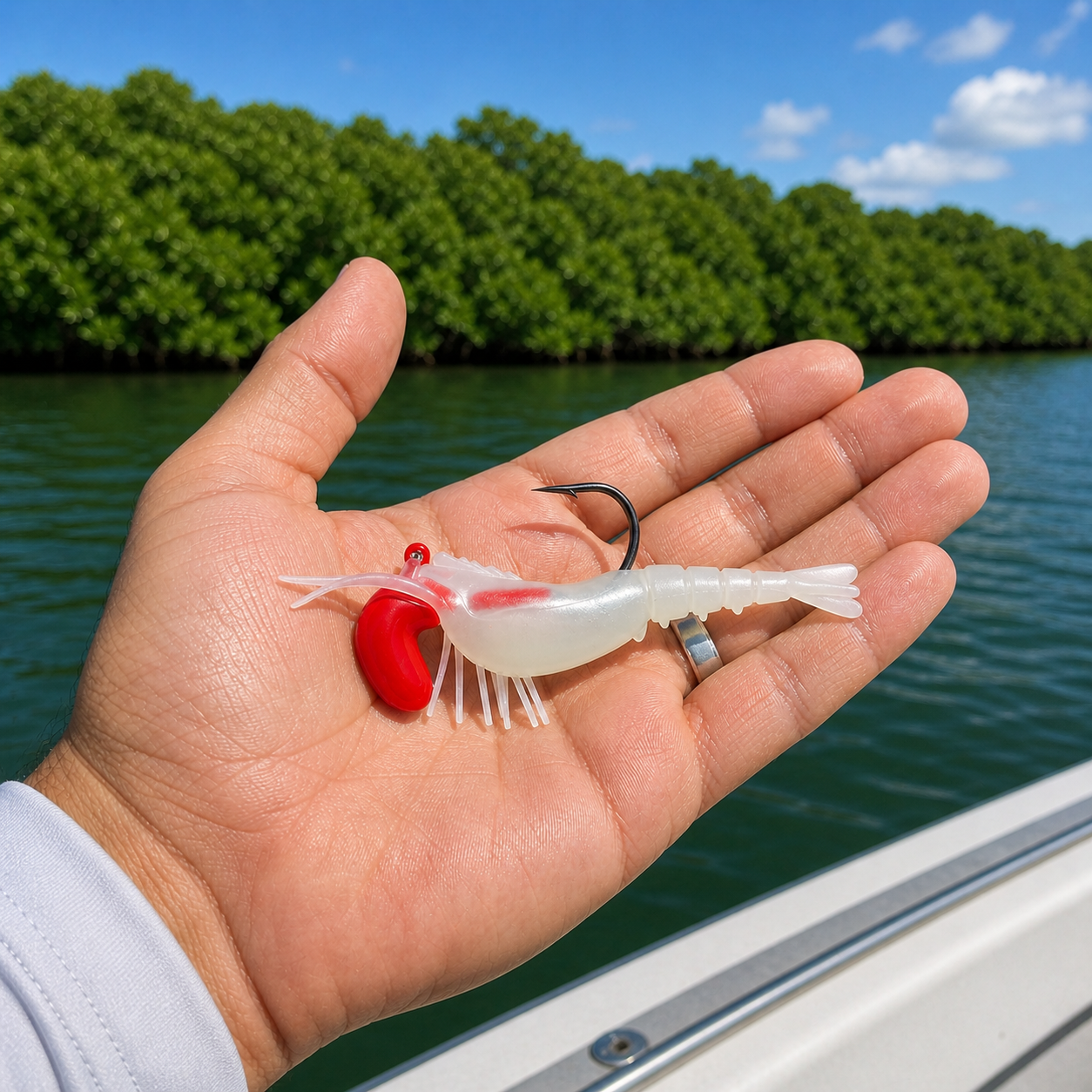 Backwater Shrimp Ghost White soft plastic fishing lure in hand on boat with mangrove shoreline