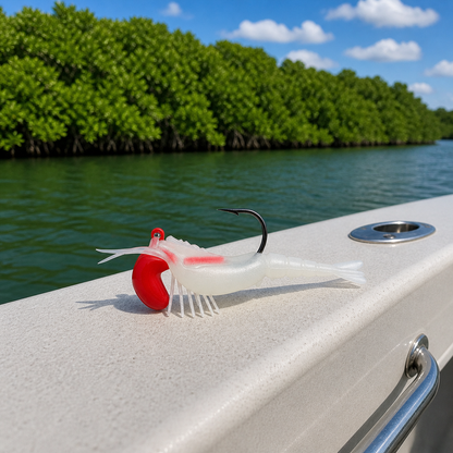 Backwater Shrimp Ghost White soft plastic fishing lure on boat gunwale with mangrove shoreline in background