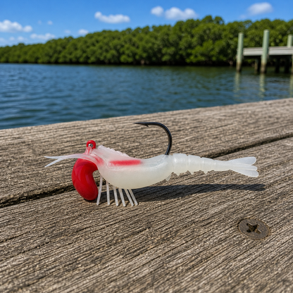 Backwater Shrimp Ghost White soft plastic fishing lure on wooden dock near water