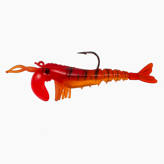 Backwater Shrimp Sunset Red 3.5 inch soft plastic shrimp lure for saltwater fishing