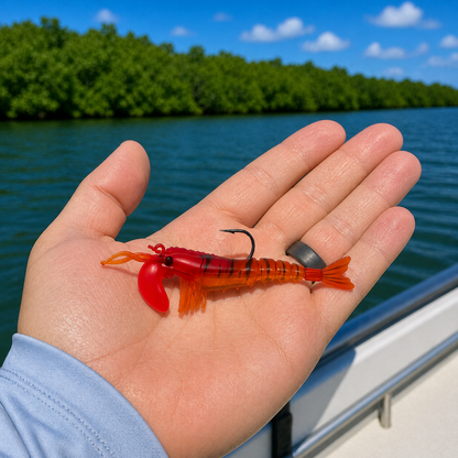 Backwater Shrimp Sunset Red soft plastic fishing lure in hand on boat with mangrove shoreline