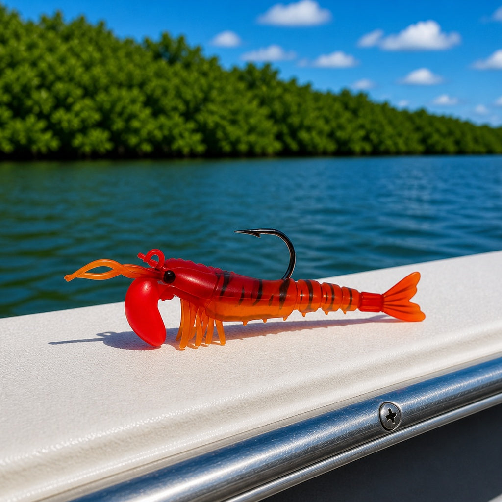 Backwater Shrimp Sunset Red soft plastic fishing lure on boat gunwale with mangrove shoreline in background