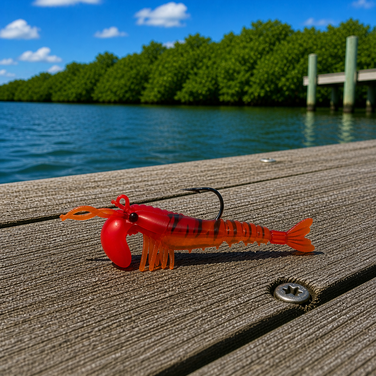 Backwater Shrimp Sunset Red soft plastic fishing lure on wooden dock near water