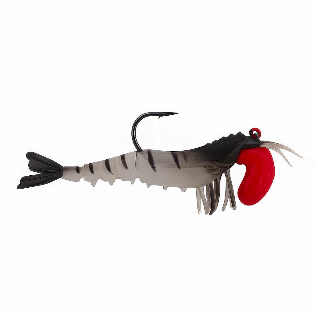 Backwater Shrimp Tiger Prawn 3.5” fishing lure, angle 2 image on white background