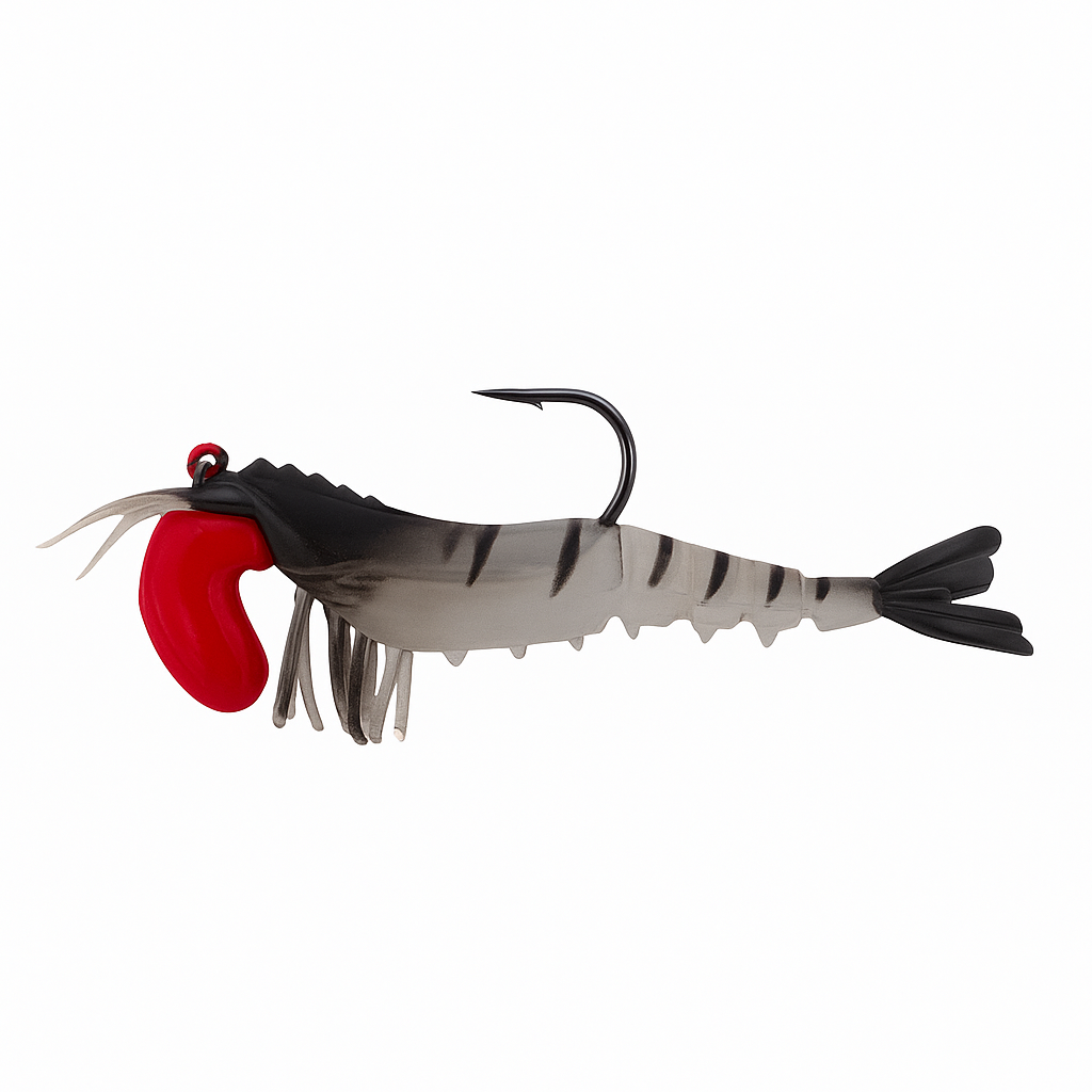 Backwater Shrimp Tiger Prawn 3.5 inch soft plastic shrimp lure with natural grey body, black stripes, and red claw for saltwater fishing