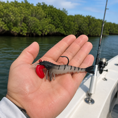 Backwater Shrimp Tiger Prawn soft plastic fishing lure in hand on boat with mangrove shoreline