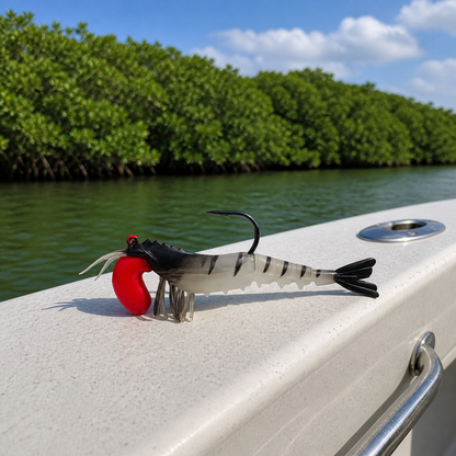 Backwater Shrimp Tiger Prawn soft plastic fishing lure on boat gunwale with mangrove shoreline in background