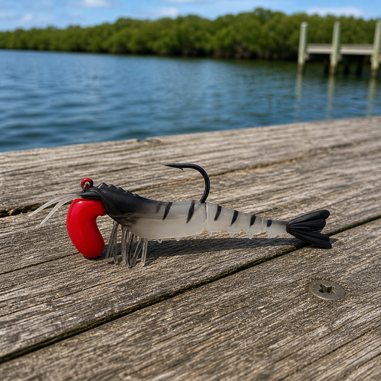 Backwater Shrimp Tiger Prawn soft plastic fishing lure on wooden dock near water