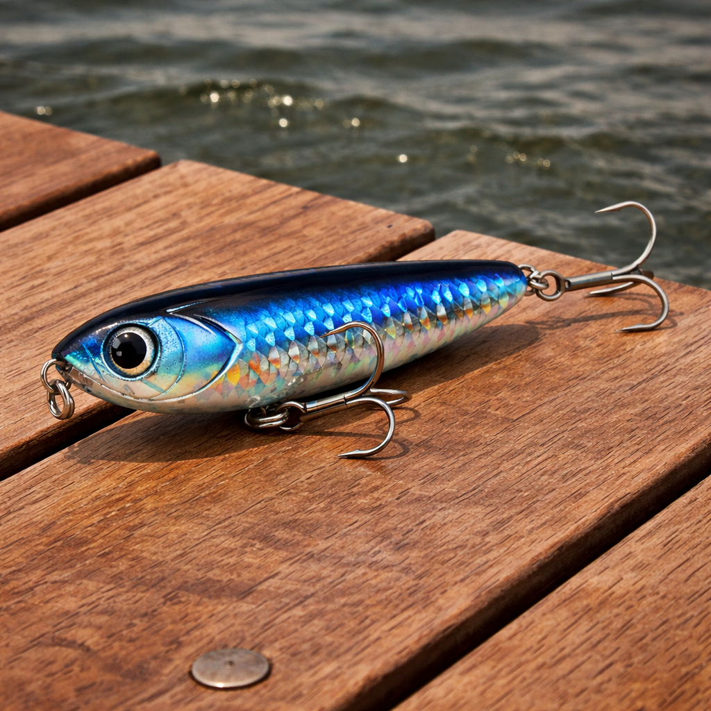 Blue shiner Backwater Walker topwater lure resting on a wooden dock with water in the background