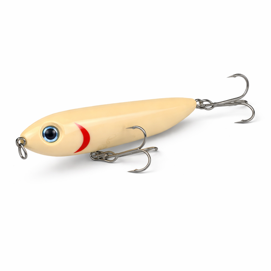 Backwater Walker Bone Shiner topwater lure by Outshore Gear featuring classic bone finish with red strike gill and walk-the-dog surface action for snook and redfish.