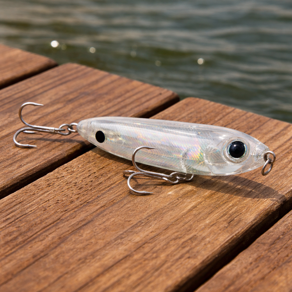 Clear holographic Backwater Walker topwater lure resting on a wooden dock with water in the background