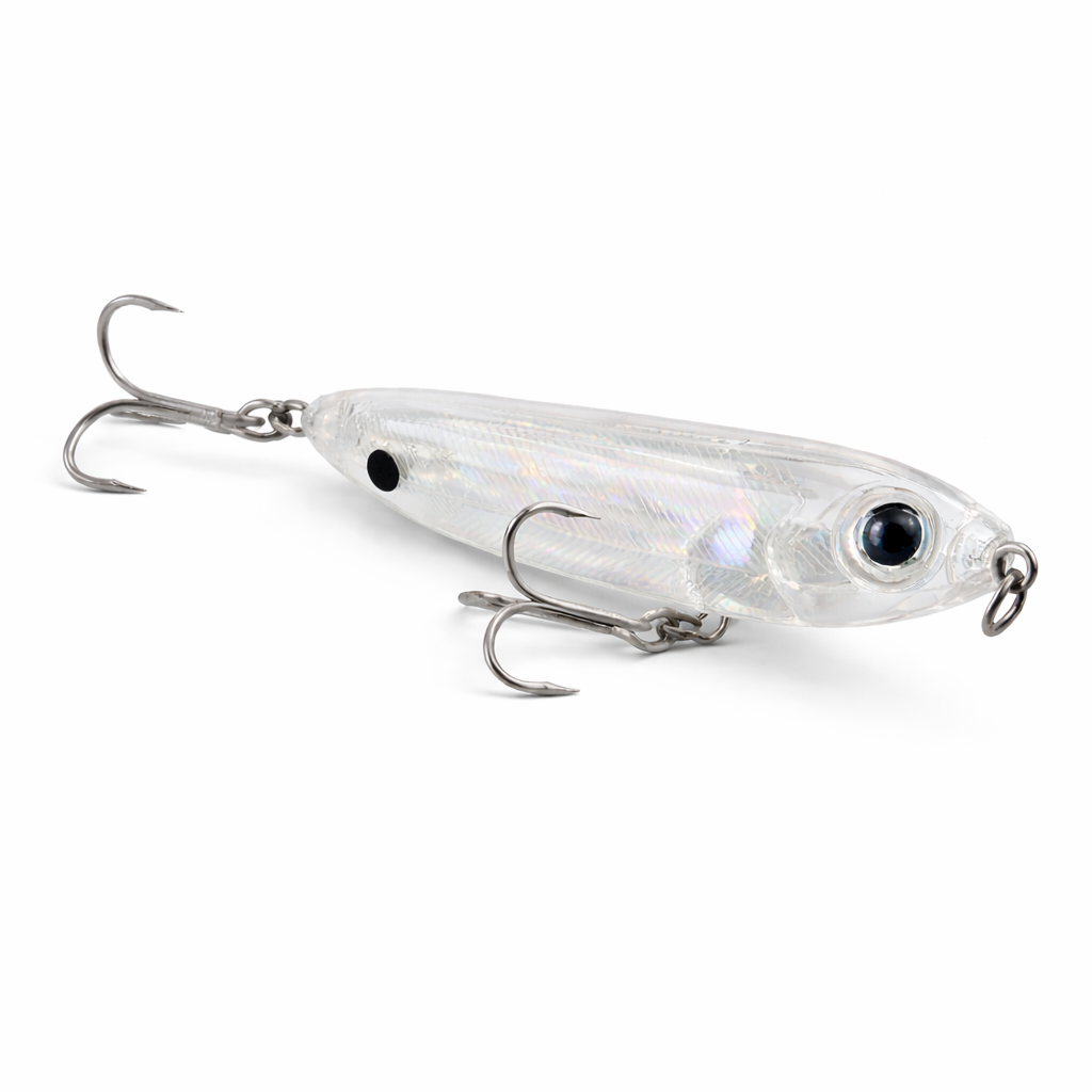 Backwater Walker Clear Shiner flipped view showing transparent holographic topwater lure with treble hooks, designed for snook, redfish, and saltwater inshore fishing