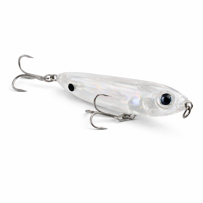 Backwater Walker Clear Shiner flipped view showing transparent holographic topwater lure with treble hooks, designed for snook, redfish, and saltwater inshore fishing