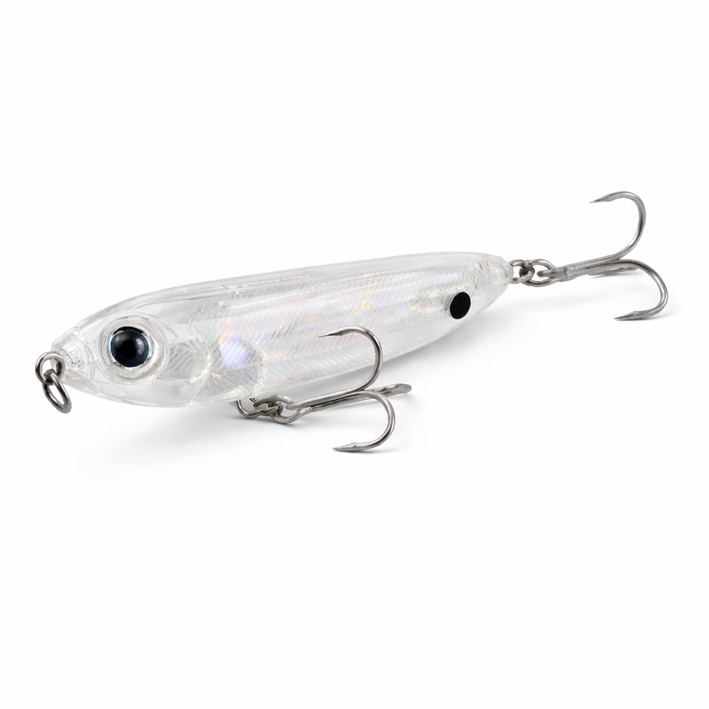 Backwater Walker Clear Shiner 4 inch saltwater topwater lure with transparent holographic body and treble hooks, designed for snook, redfish, and inshore fishing