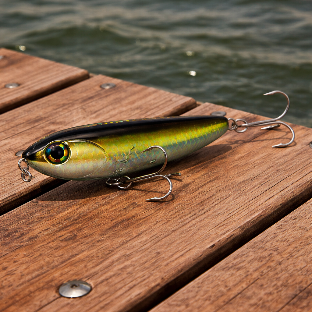 Greenback shiner Backwater Walker topwater lure resting on a wooden dock with water in the background