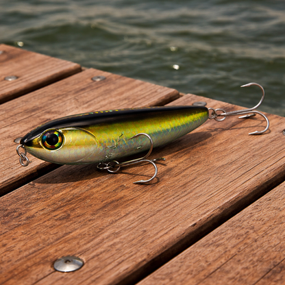 Greenback shiner Backwater Walker topwater lure resting on a wooden dock with water in the background