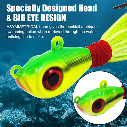 Close-up of bucktail jig with asymmetrical head and big 3D eye design