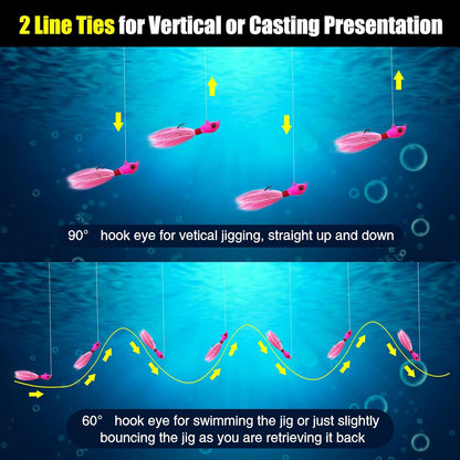 Illustration showing vertical and casting presentations of bucktail jigs in saltwater