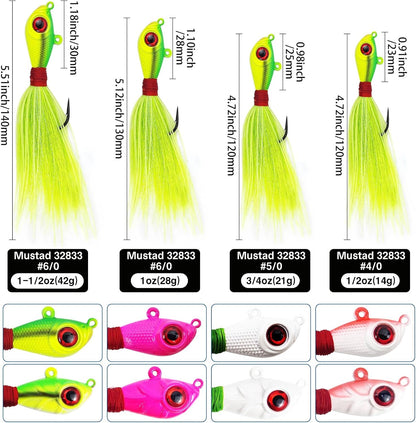 Assorted bucktail jig sizes and colors displayed with packaging details