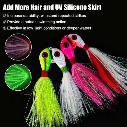 Assorted bucktail jig colors with silicone skirts and extra hair for durability