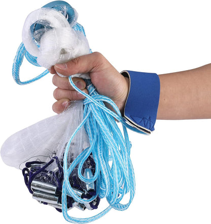 Angler holding saltwater fishing cast net with wrist strap, zinc sinkers, and durable monofilament mesh for bait fishing