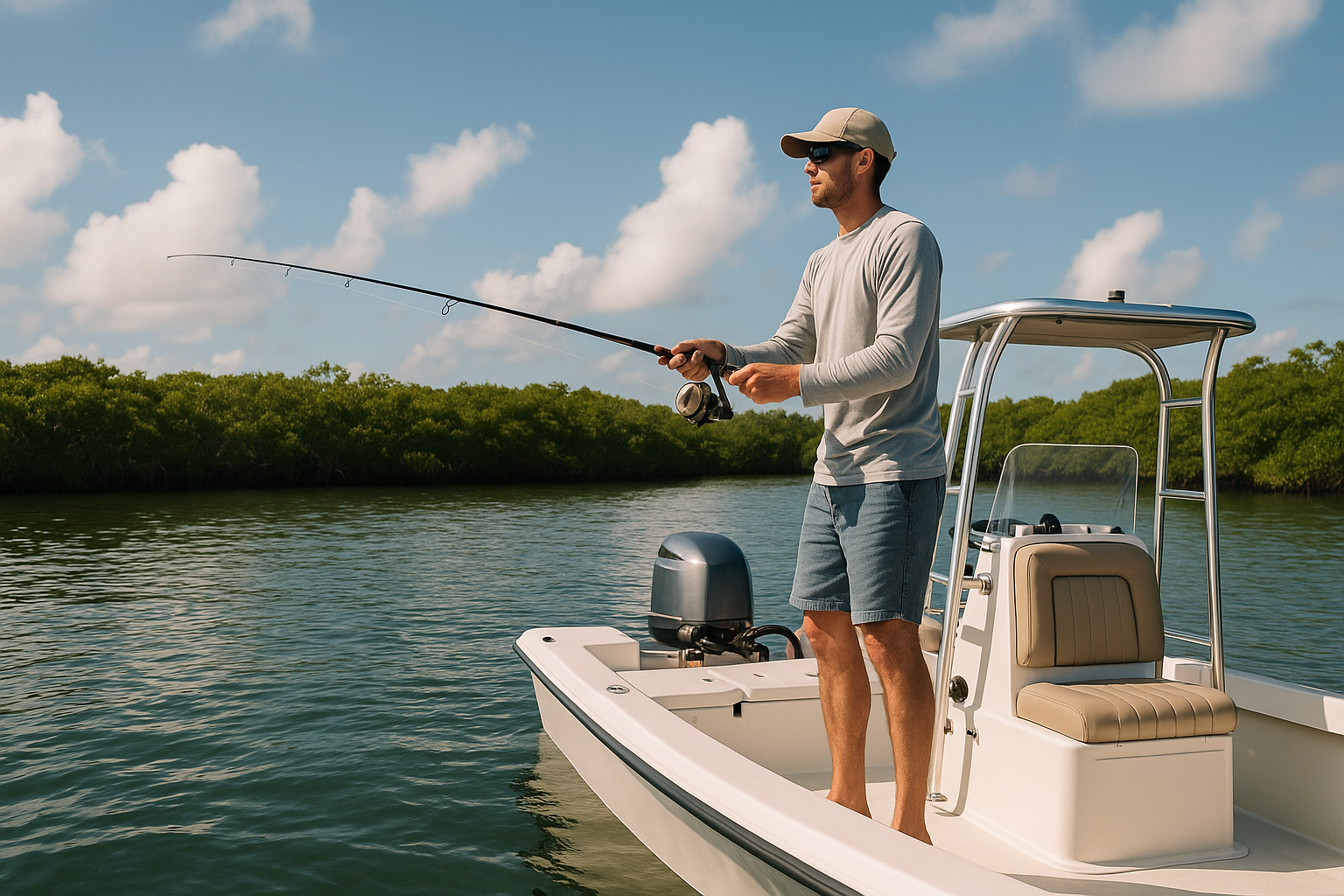 Fisherman casting from a small center console boat near tropical mangroves on a sunny day – Outshore Gear