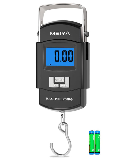 Digital fishing scale with backlit LCD display and 110 lb capacity, featuring a stainless steel hook and batteries included