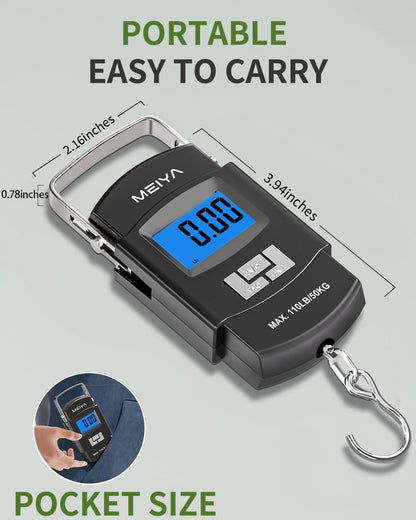 Compact digital fishing scale with 110 lb capacity, blue backlit LCD display, and pocket-size design for easy carrying.
