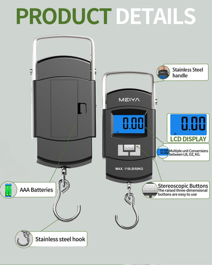 Digital fishing scale with 110 lb capacity showing stainless steel hook, handle, backlit LCD display, AAA batteries, and easy-control buttons