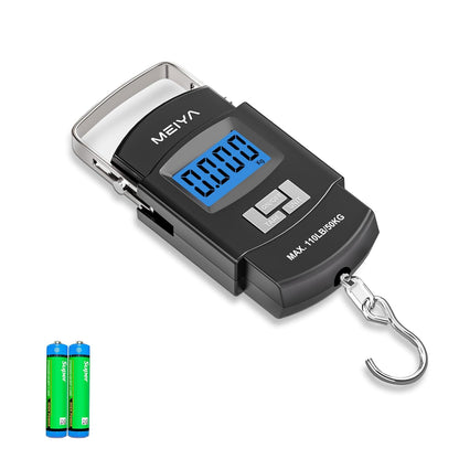 Digital fishing scale with 110 lb capacity, stainless steel hook, backlit LCD screen, and two included AAA batteries
