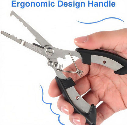 Stainless steel fishing pliers with ergonomic non-slip handle for hook removal and line cutting in saltwater fishing