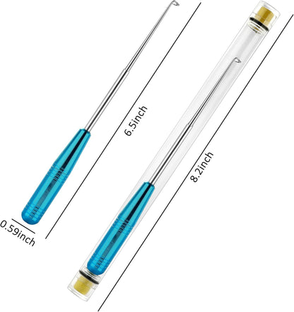 Fish hook remover tool showing 6.5 inch tool size and 8.2 inch storage tube with blue anodized handle