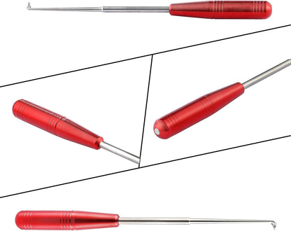 Close-up views of red anodized fish hook remover tool showing textured handle and hook tip