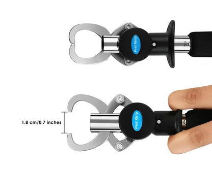 Close-up of stainless steel fish lip gripper showing 1.8 cm jaw opening, designed for secure fish holding with non-slip handle.