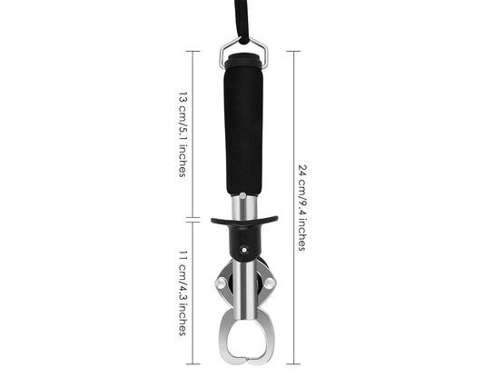 Size chart of stainless steel fish lip gripper with non-slip handle, measuring 24 cm in length and 11 cm jaw section for fishing use.